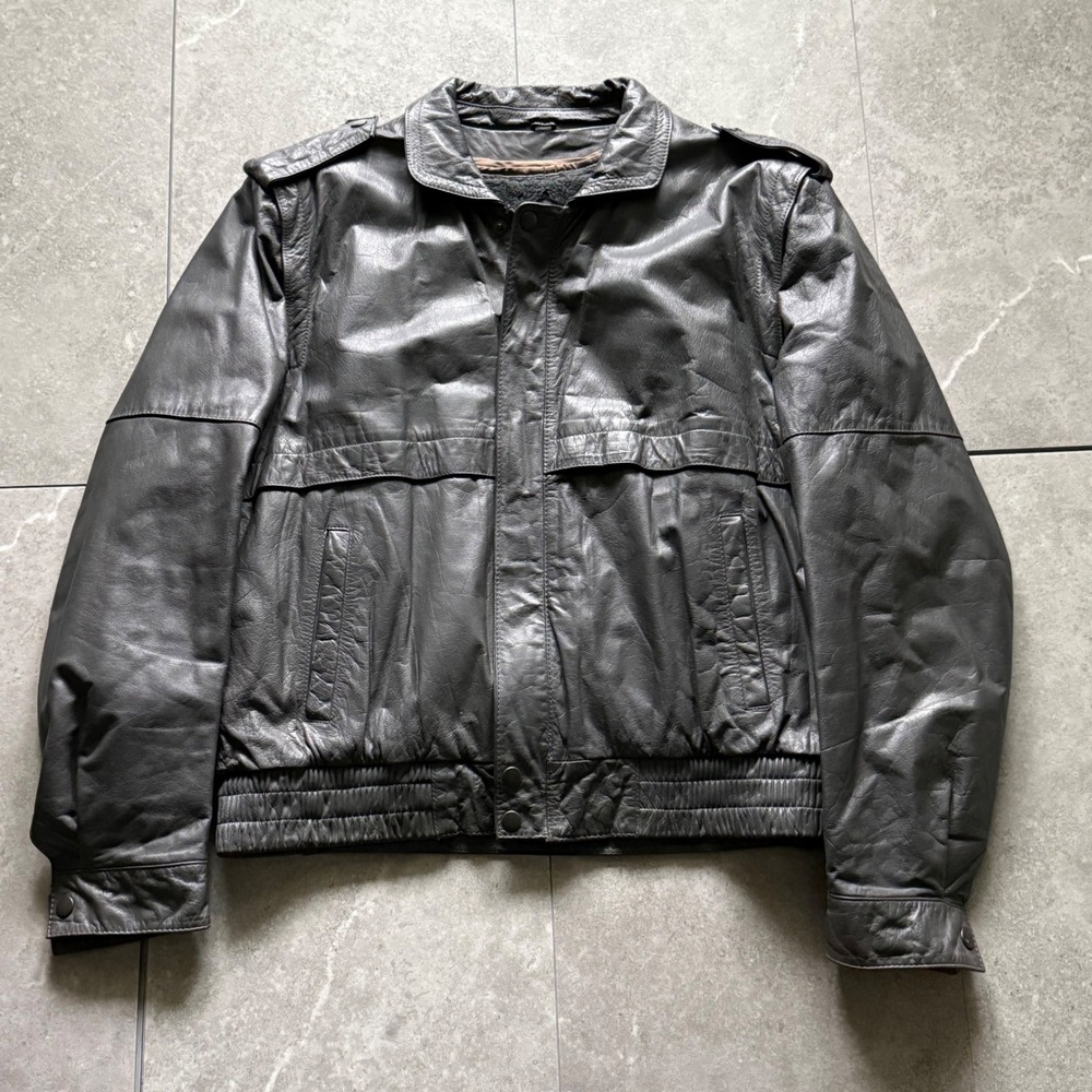 Chess King Leather Bomber Jacket 42 Grey Vintage 80s Detachable Liner Epaulets